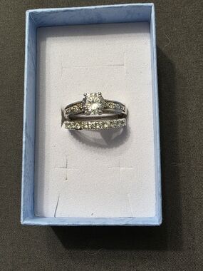 Estate Silver-Tone Solitaire and Pave Wedding Ring Set - Clear - 461